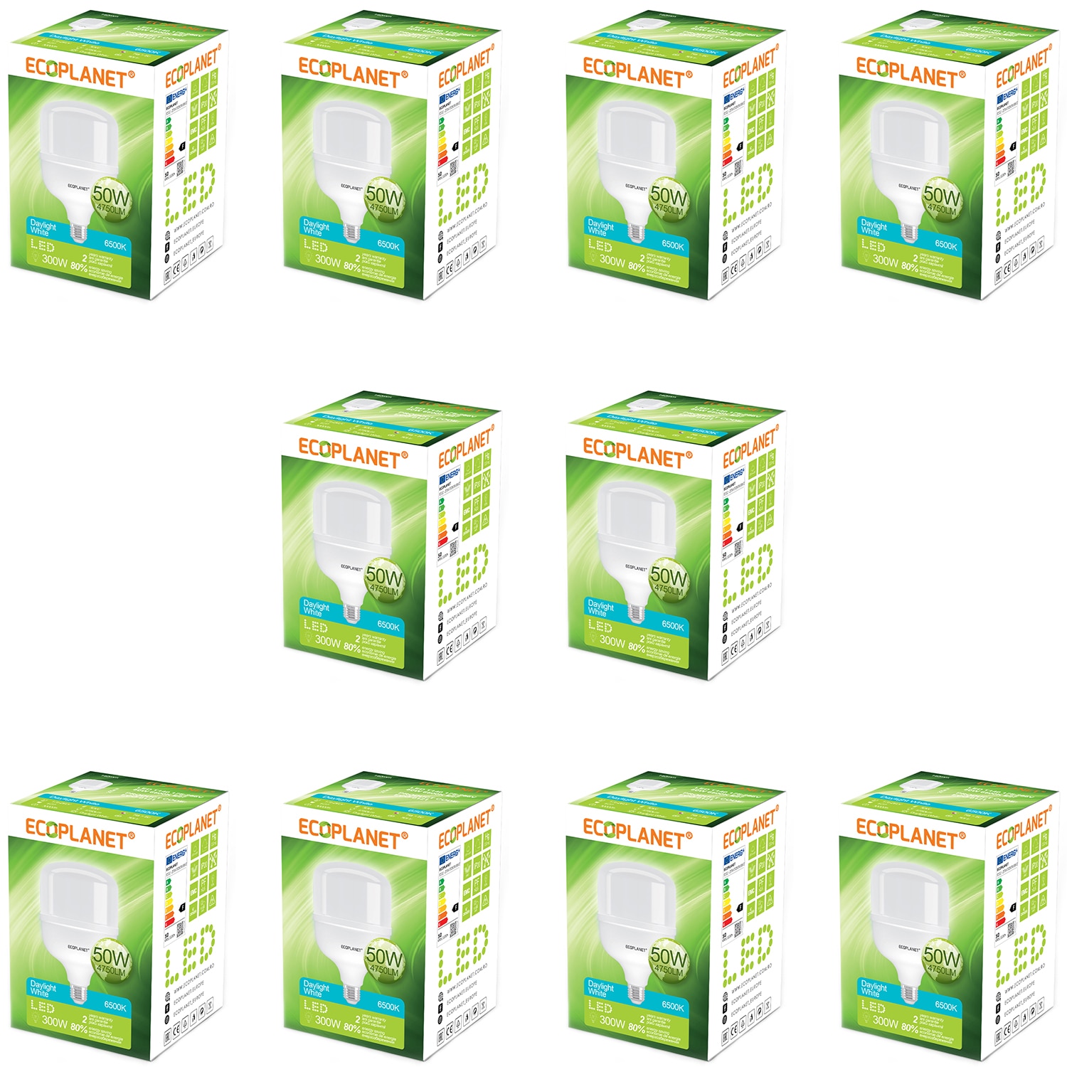 Set 10 buc - Bec LED Ecoplanet, E27, 50W (300W), 4750 LM, F, lumina rece 6500K, Mat