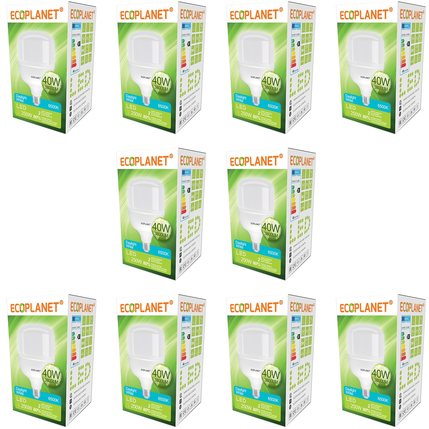 Set 10 buc - Bec LED Ecoplanet, E27, 40W (250W), 3800 LM, F, lumina rece 6500K, Mat