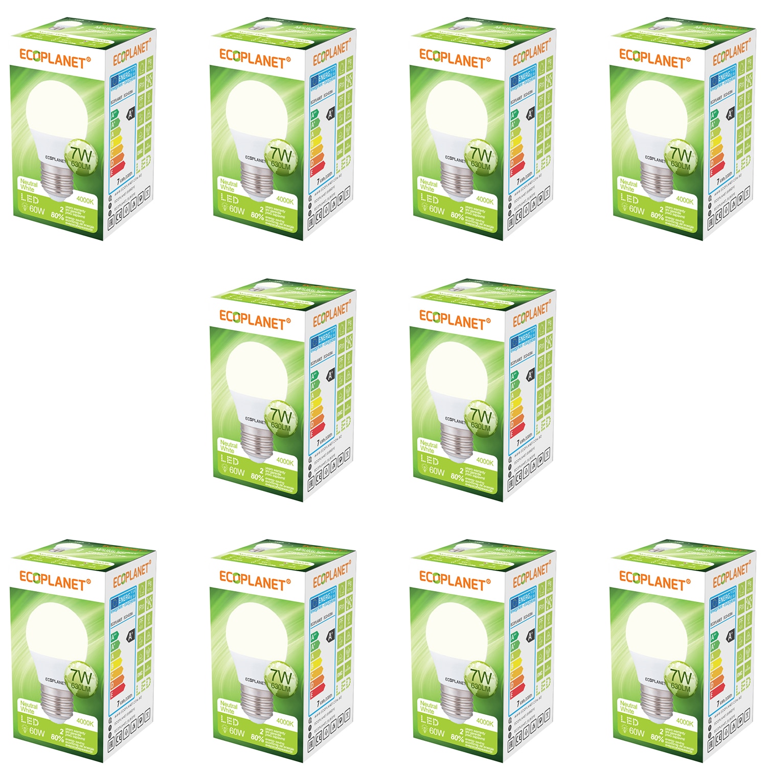 Set 10 buc - Bec LED Ecoplanet glob mic G45, E27, 7W (60W), 630 LM, F, lumina neutra 4000K, Mat