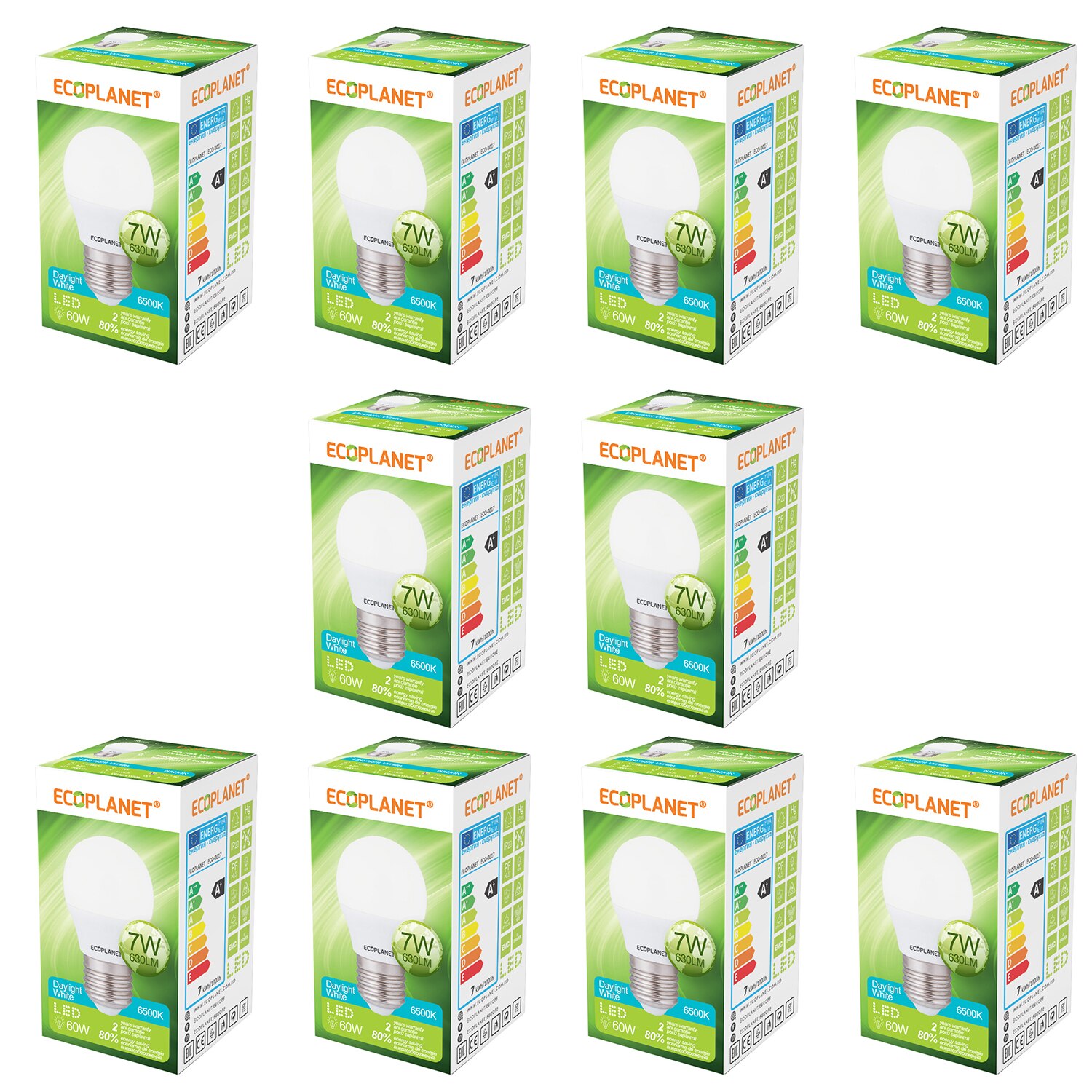 Set 10 buc - Bec LED Ecoplanet glob mic G45, E27, 7W (60W), 630 LM, F, lumina rece 6500K, Mat