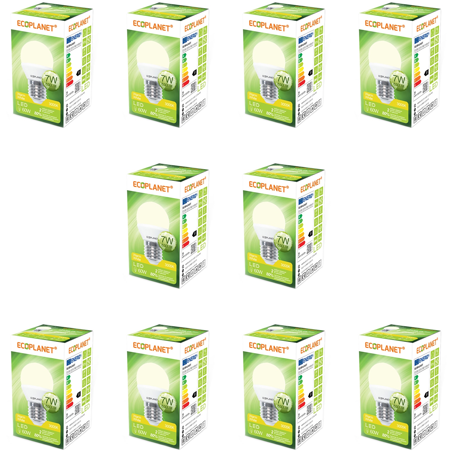 Set 10 buc - Bec LED Ecoplanet glob mic G45, E27, 7W (60W), 630 LM, F, lumina calda 3000K, Mat