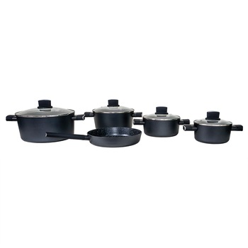 Set oale, 9 piese din aluminiu, compus din 4 oale cu manere ,1 Tigaie, 4 capace sticla termorezistente / Z-LINE 0942 Set oale, 9 piese din aluminiu, compus din 4 oale cu manere ,1 Tigaie, 4 capace sticla termorezistente / Z-LINE 0942