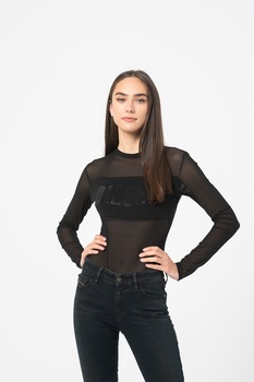 Diesel, Body de plasa cu logo cu strasuri Uftk-Valerie, Negru Diesel, Body de plasa cu logo cu strasuri Uftk-Valerie, Negru
