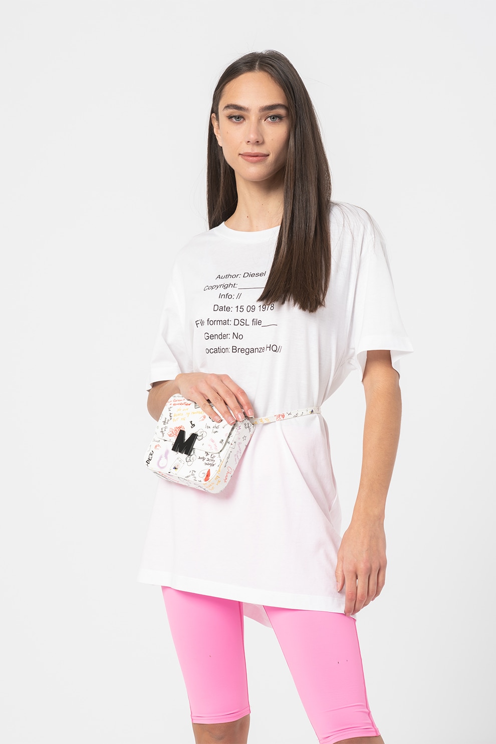 Diesel, Tricou supradimensionat de casa cu imprimeu, Alb