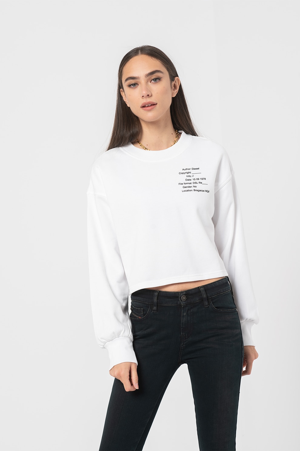 Diesel, Bluza sport crop de casa cu maneci cazute Felph, Alb