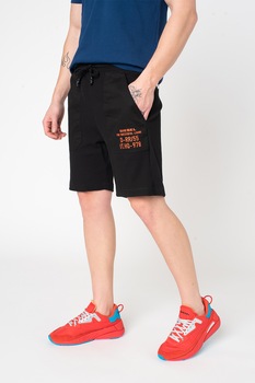 Diesel, Pantaloni scurti texturati de casa cu logo si broderie text Pan, Negru/Rosu Diesel, Pantaloni scurti texturati de casa cu logo si broderie text Pan, Negru/Rosu