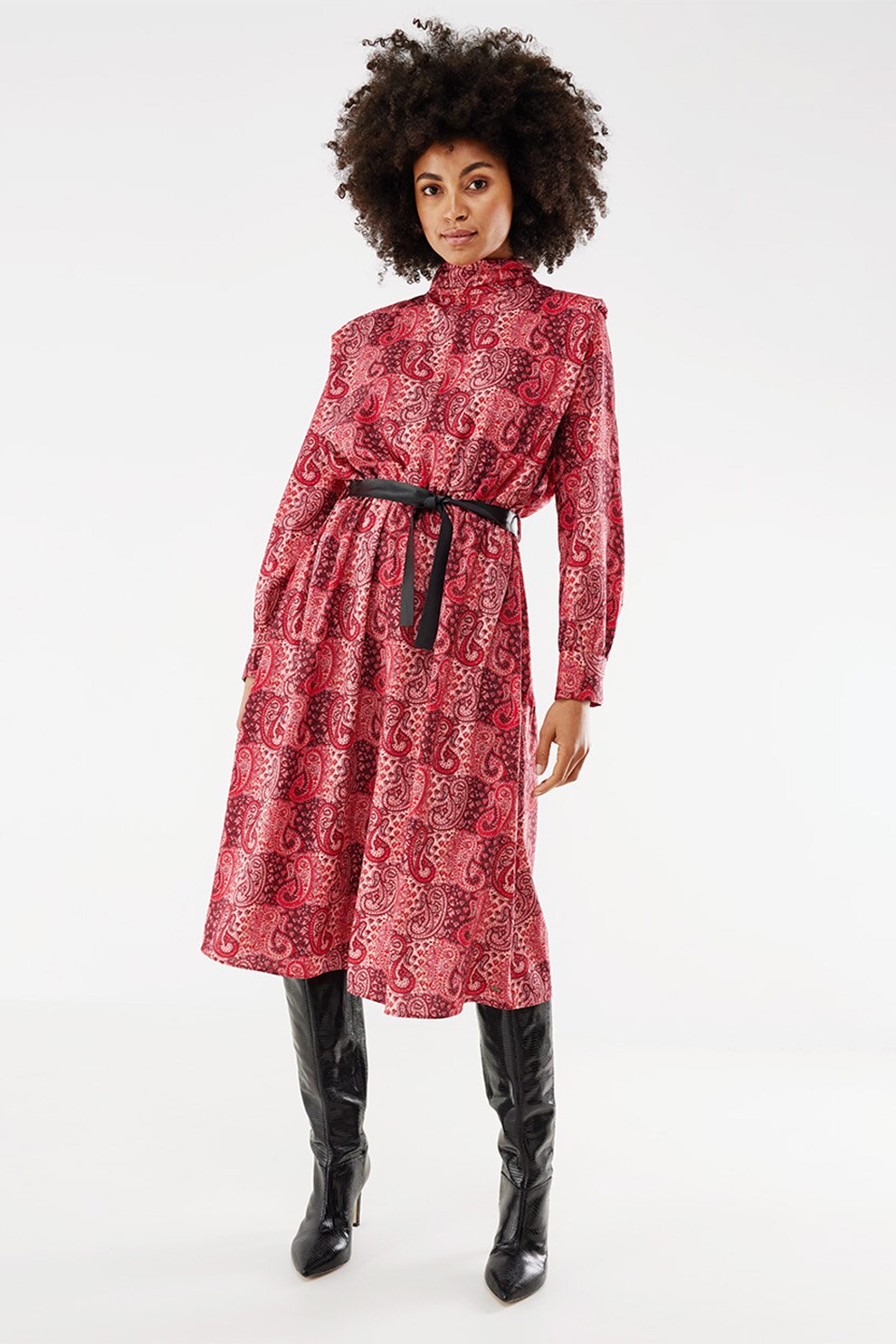 Mexx, Rochie midi cu imprimeu si umeri intariti, Rosu/Alb