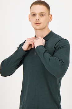 Mexx, Bluza polo tricotata fin cu broderie logo discreta, Verde forest Mexx, Bluza polo tricotata fin cu broderie logo discreta, Verde forest