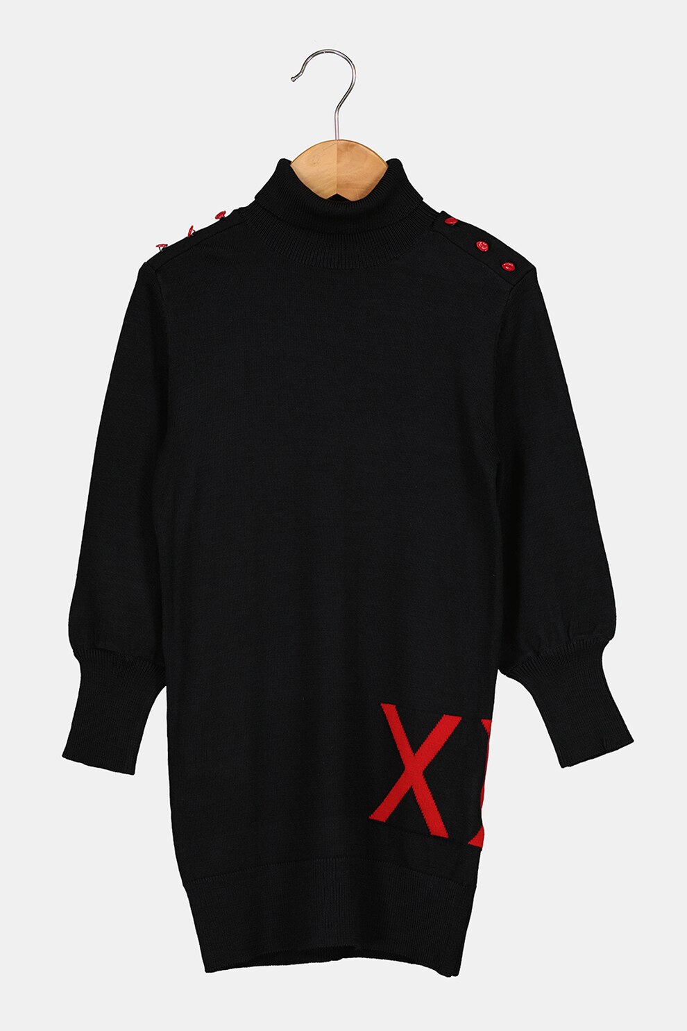 Mexx, Rochie scurta tip pulover cu detaliu brodat, Negru/Rosu