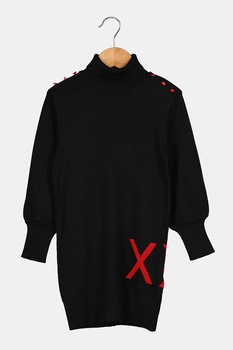 Mexx, Rochie scurta tip pulover cu detaliu brodat, Negru/Rosu Mexx, Rochie scurta tip pulover cu detaliu brodat, Negru/Rosu