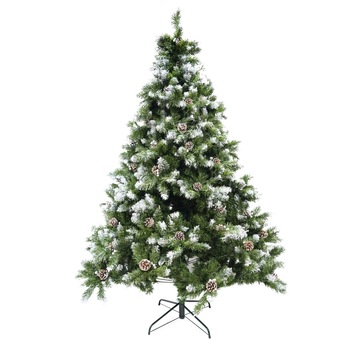 Brad artificial de Craciun nins, decorat cu conuri pin, pentru perete/colt, inaltime 180 cm, diametru 129 cm, 862 ramuri, Flippy, verde, suport metalic inclus Brad artificial de Craciun nins, decorat cu conuri pin, pentru perete/colt, inaltime 180 cm, diametru 129 cm, 862 ramuri, Flippy, verde, suport metalic inclus