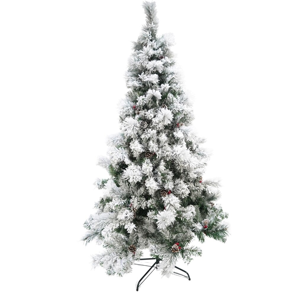 Brad artificial de Craciun nins intens, decorat cu conuri pin, pentru interior/exterior, inaltime 180 cm, diametru 120 cm, 502 ramuri, Flippy, alb/verde, suport metalic inclus