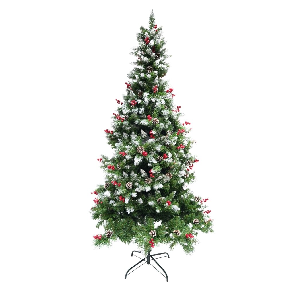 Brad artificial de Craciun nins, decorat cu conuri pin rosii, inaltime 240 cm, diametru 114 cm, 863 ramuri, Flippy, verde, suport metalic inclus