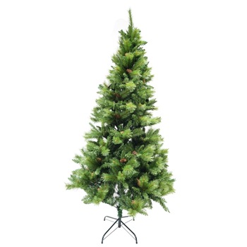 Brad artificial de Craciun, Decorat cu conuri de pin, pentru interior/exterior, inaltime 180 cm, diametru 94 cm, 659 ramuri, Flippy, verde, suport metalic inclus Brad artificial de Craciun, Decorat cu conuri de pin, pentru interior/exterior, inaltime 180 cm, diametru 94 cm, 659 ramuri, Flippy, verde, suport metalic inclus
