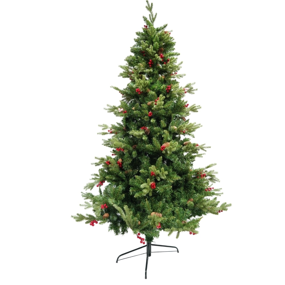 Brad artificial de Craciun, decorat cu conuri pin rosii, inaltime 240 cm, diametru 155 cm, 1652 ramuri, Flippy, verde, suport metalic inclus