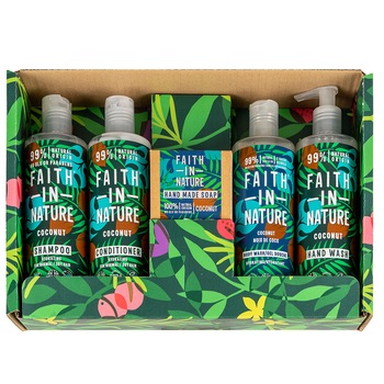 Set ritual de ingrijire Faith in Nature, cu Cocos: Sampon, 400 ml + Balsam, 400 ml + Gel de dus, 400 ml + Sapun lichid, 400 ml + Sapun sold, 100 gr Set ritual de ingrijire Faith in Nature, cu Cocos: Sampon, 400 ml + Balsam, 400 ml + Gel de dus, 400 ml + Sapun lichid, 400 ml + Sapun sold, 100 gr