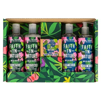 Set ritual de ingrijire Faith in Nature, cu Trandafir Salbatic: Sampon, 400 ml + Balsam, 400 ml + Gel de dus, 400 ml + Sapun lichid, 400 ml + Sapun sold, 100 gr Set ritual de ingrijire Faith in Nature, cu Trandafir Salbatic: Sampon, 400 ml + Balsam, 400 ml + Gel de dus, 400 ml + Sapun lichid, 400 ml + Sapun sold, 100 gr