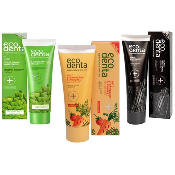 Set pasta de dinti Ecodenta, Family natural oral care: Bergamota, 100 ml + Carbune, 100 ml + Capsuni, 75 ml Set pasta de dinti Ecodenta, Family natural oral care: Bergamota, 100 ml + Carbune, 100 ml + Capsuni, 75 ml