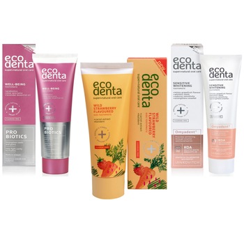 Set pasta de dinti Ecodenta, Family natural oral care: Probiotice, 100 ml + Omyadent, 100 ml + Capsuni, 75 ml Set pasta de dinti Ecodenta, Family natural oral care: Probiotice, 100 ml + Omyadent, 100 ml + Capsuni, 75 ml