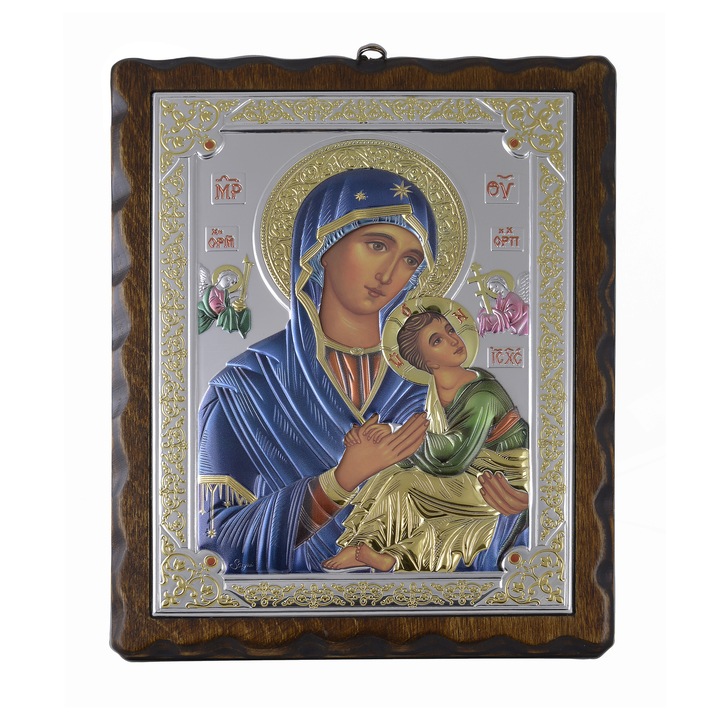 Icoana placata cu argint, pictata, rama lemn masiv - Maica Domnului a Patimii - Color, rama antichizata neregulata, lemn masiv mesteacan, 30x23 cm, 3/3