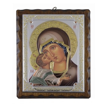 Icoana placata cu argint, pictata, rama lemn masiv - Sfanta Fecioara din Vladimir - Color, rama antichizata dreapta / neregulata, lemn masiv mesteacan, 30x23 cm, 3/3 Icoana placata cu argint, pictata, rama lemn masiv - Sfanta Fecioara din Vladimir - Color, rama antichizata dreapta / neregulata, lemn masiv mesteacan, 30x23 cm, 3/3