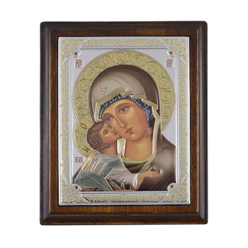 Icoana placata cu argint, pictata, rama lemn masiv - Sfanta Fecioara din Vladimir - Color, rama antichizata dreapta / neregulata, lemn masiv mesteacan, 22x17 cm, 2/3 Icoana placata cu argint, pictata, rama lemn masiv - Sfanta Fecioara din Vladimir - Color, rama antichizata dreapta / neregulata, lemn masiv mesteacan, 22x17 cm, 2/3