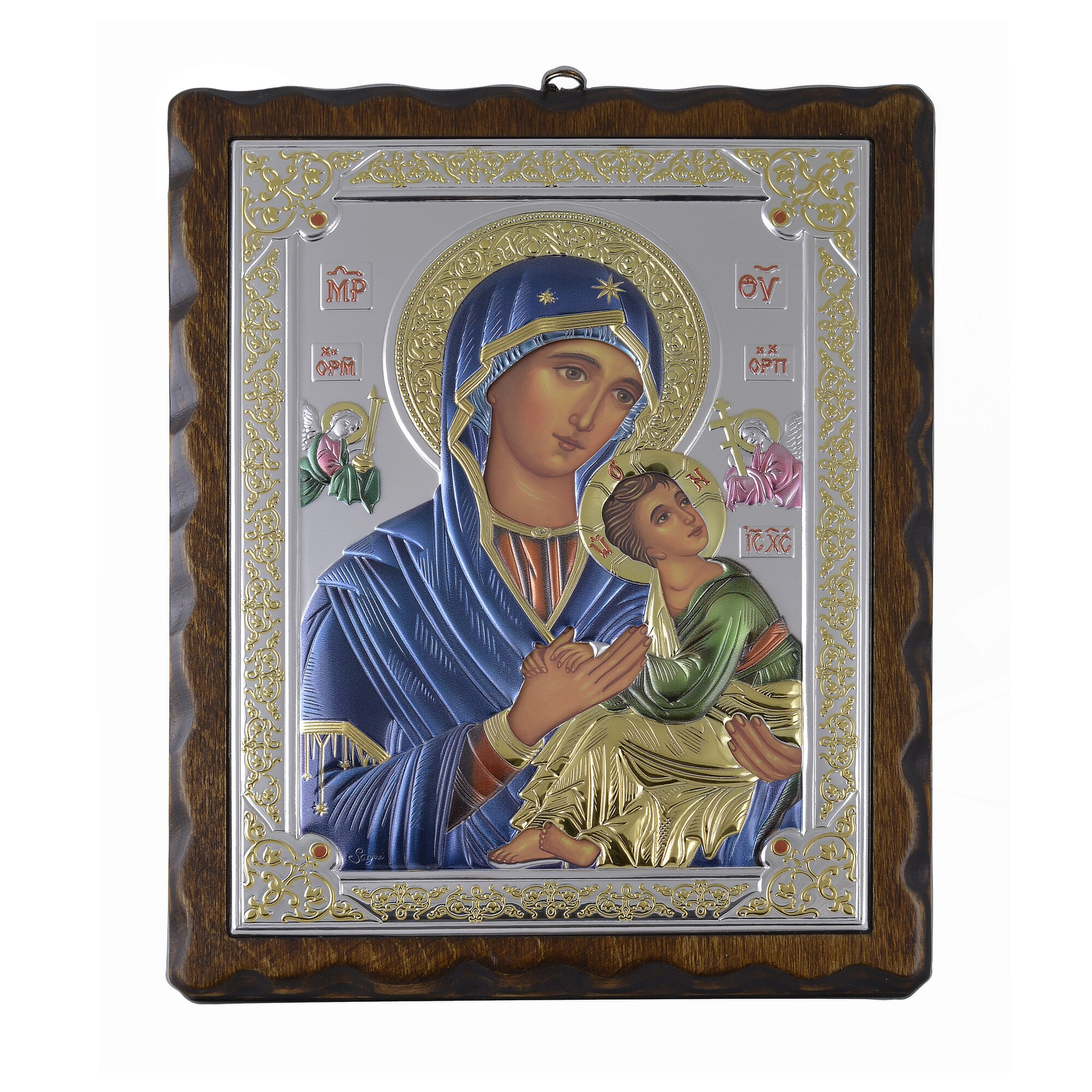 Icoana placata cu argint, pictata, rama lemn masiv - Maica Domnului a Patimii - Color, rama antichizata dreapta / neregulata, lemn masiv mesteacan, 30x23 cm, 3/3