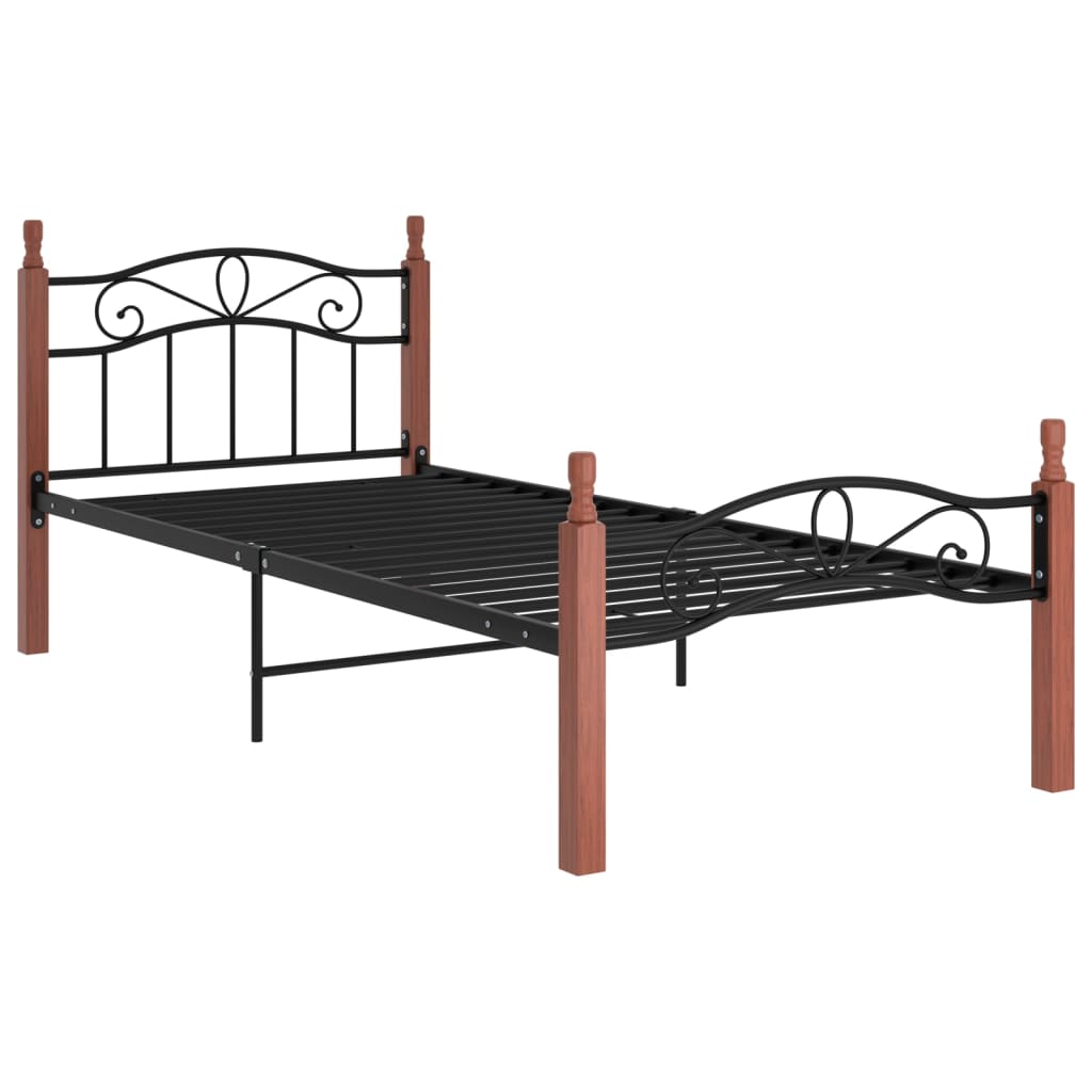 Cadru de pat, Negru/ Maro, 90x200 cm, metal si lemn masiv de stejar 324904