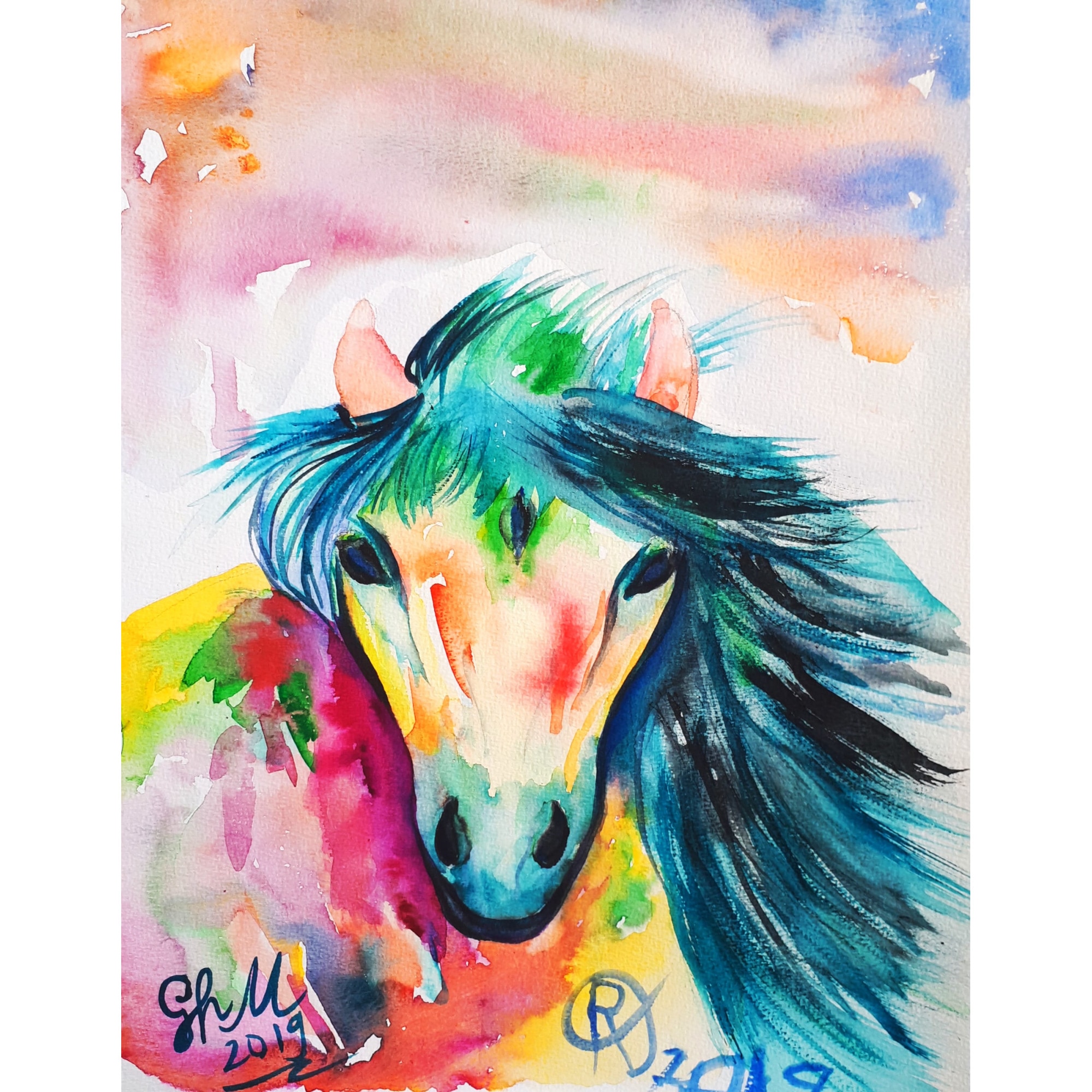 Tablou Mustang, acuarela, pictat manual de Artemisia dimensiune 24 x 45 cm