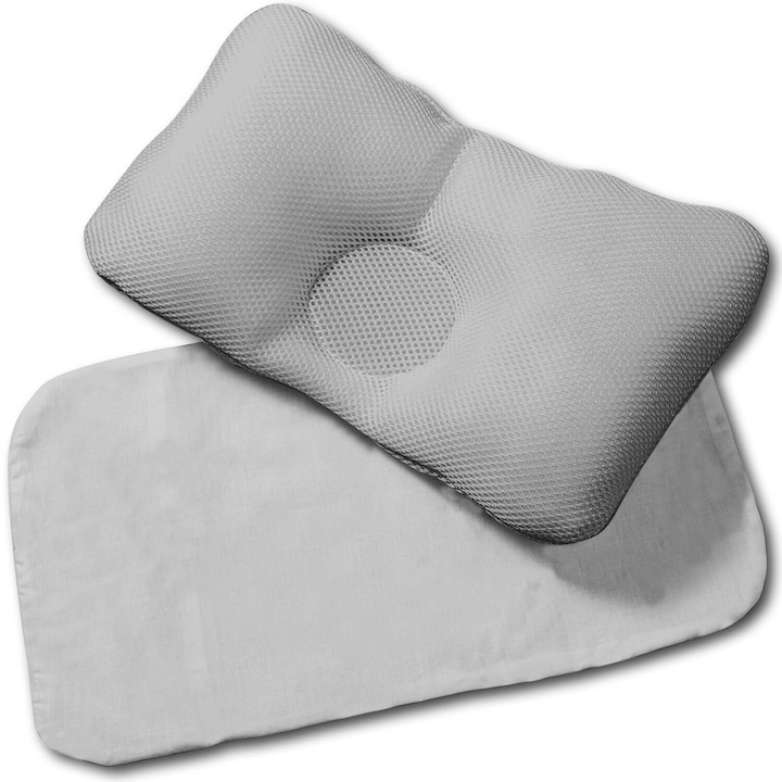 Бебешка възглавница против задушаване и плагиоцефалия Kidizi Aero3D с подвижна сива памучна калъфка