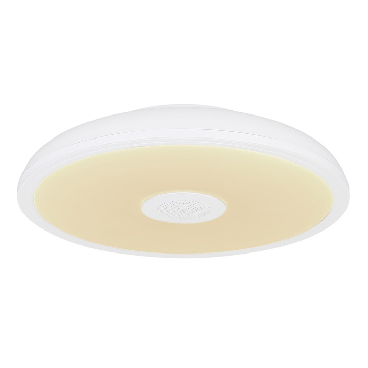 Plafoniera, plastic alb, Bluetooth, difuzor 3W, functie memorie, lumina de noapte, reglabila, IP44, telecomanda, schimbator de culoare, 1xAAA, Ø280, V:55, LED 18W 230V, sursa 1900lm, iesire 1100lm, LED RGB 3W, 3000-6500K