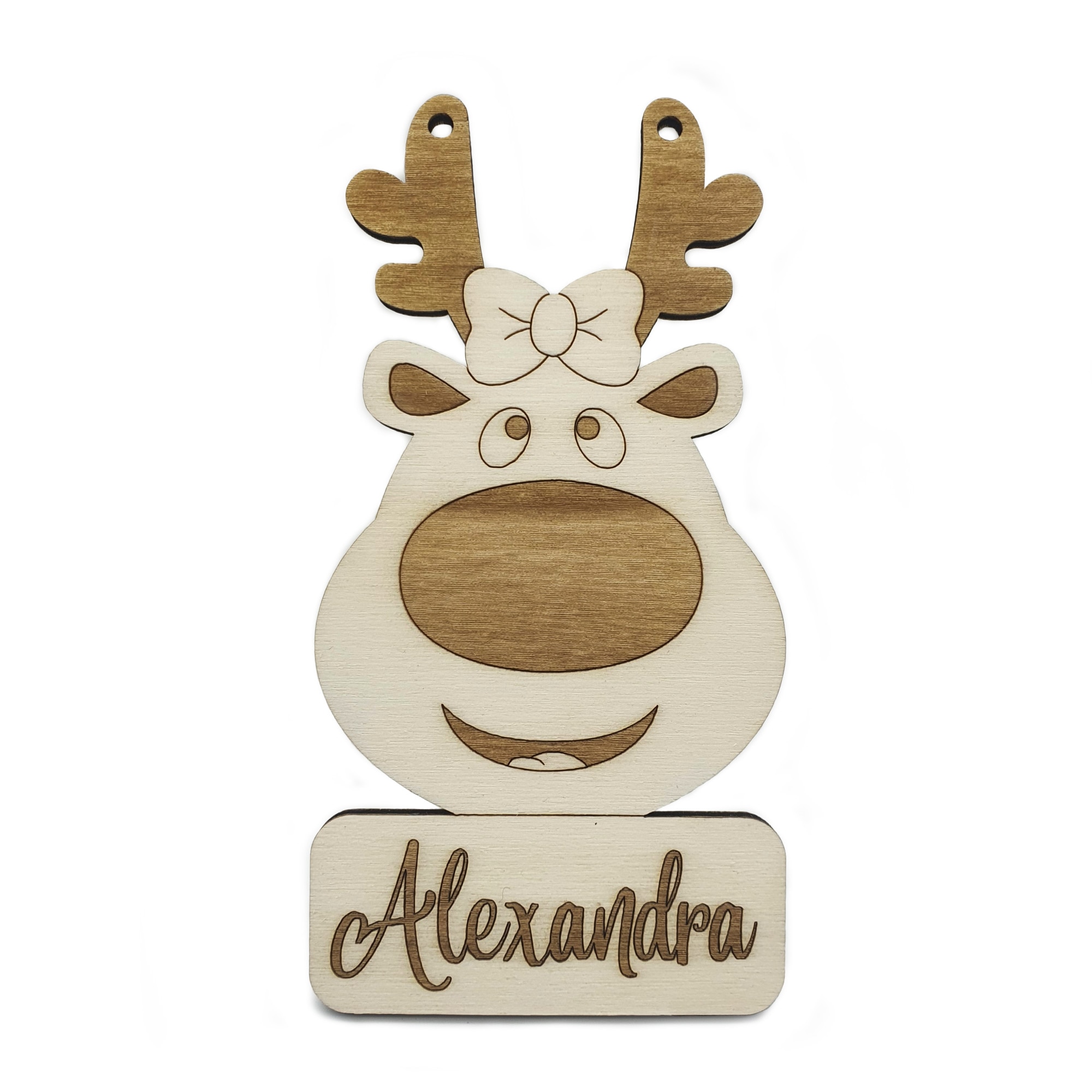 Ornament Craciun, Ren personalizat, lemn 11.5 cm