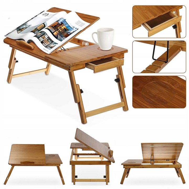 Masa suport pliabil pentru laptop, Bambus, compartiment mouse, 34 x 30 cm, Maro