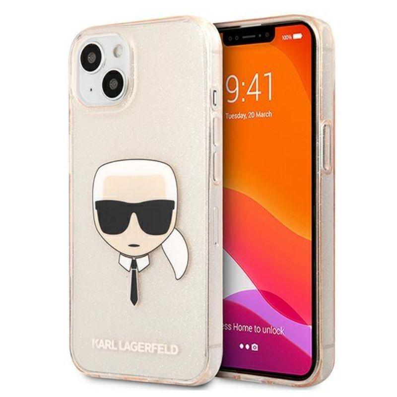 Husa Karl Lagerfeld Glitter Karls Head compatibila cu iPhone 13, Auriu