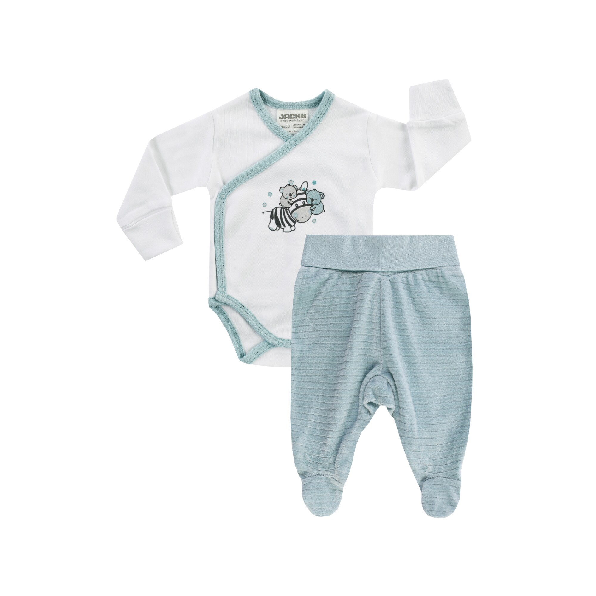 Compleu, body petrecut cu maneca lunga si pantaloni cu talpa, bumbac 100%, baieti, Alb/Verde menta, Alb/verde