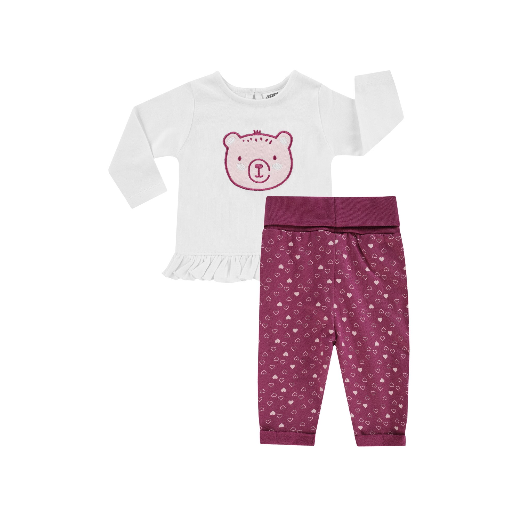 Compleu, bluza cu maneca lunga si pantaloni lungi, bumbac organic, fete, Alb/Visiniu, Alb/Visiniu