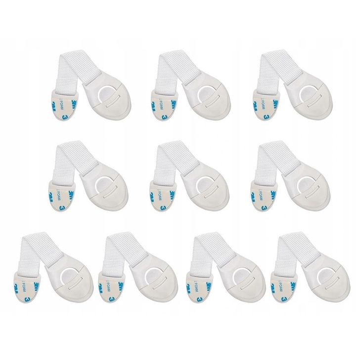 Set 10 sigurante universale, Protectie copii pentru usi si sertare, Plastic/Poliester, 19.9x5 cm, Alb