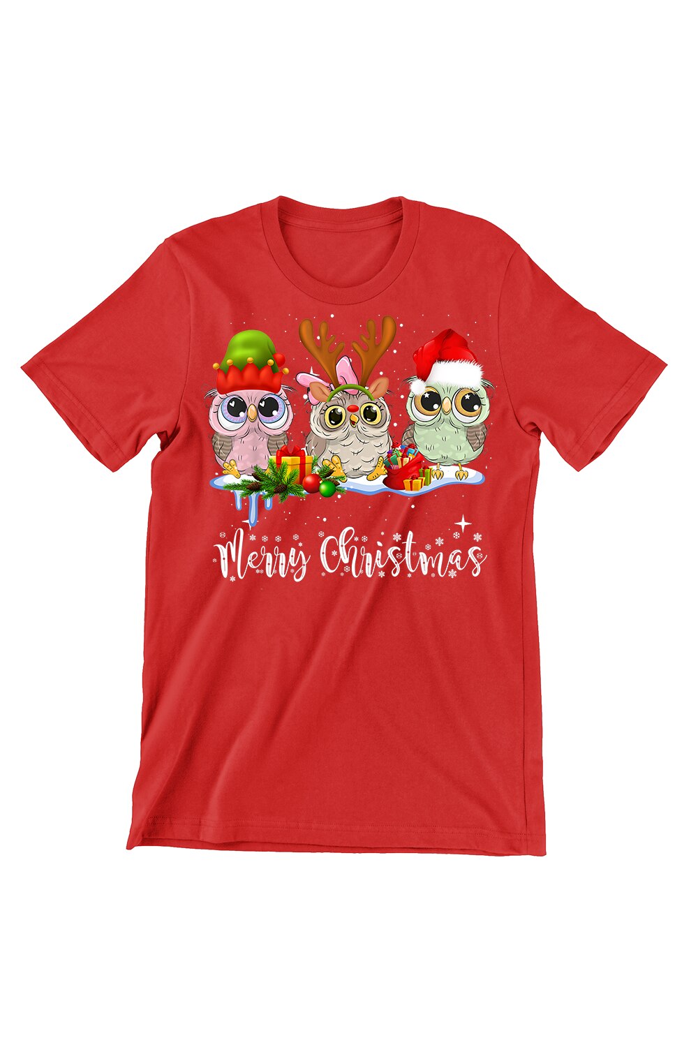 Tricou Barbati de Craciun Funny, Cute Owl, regular fit, bumbac, Rosu