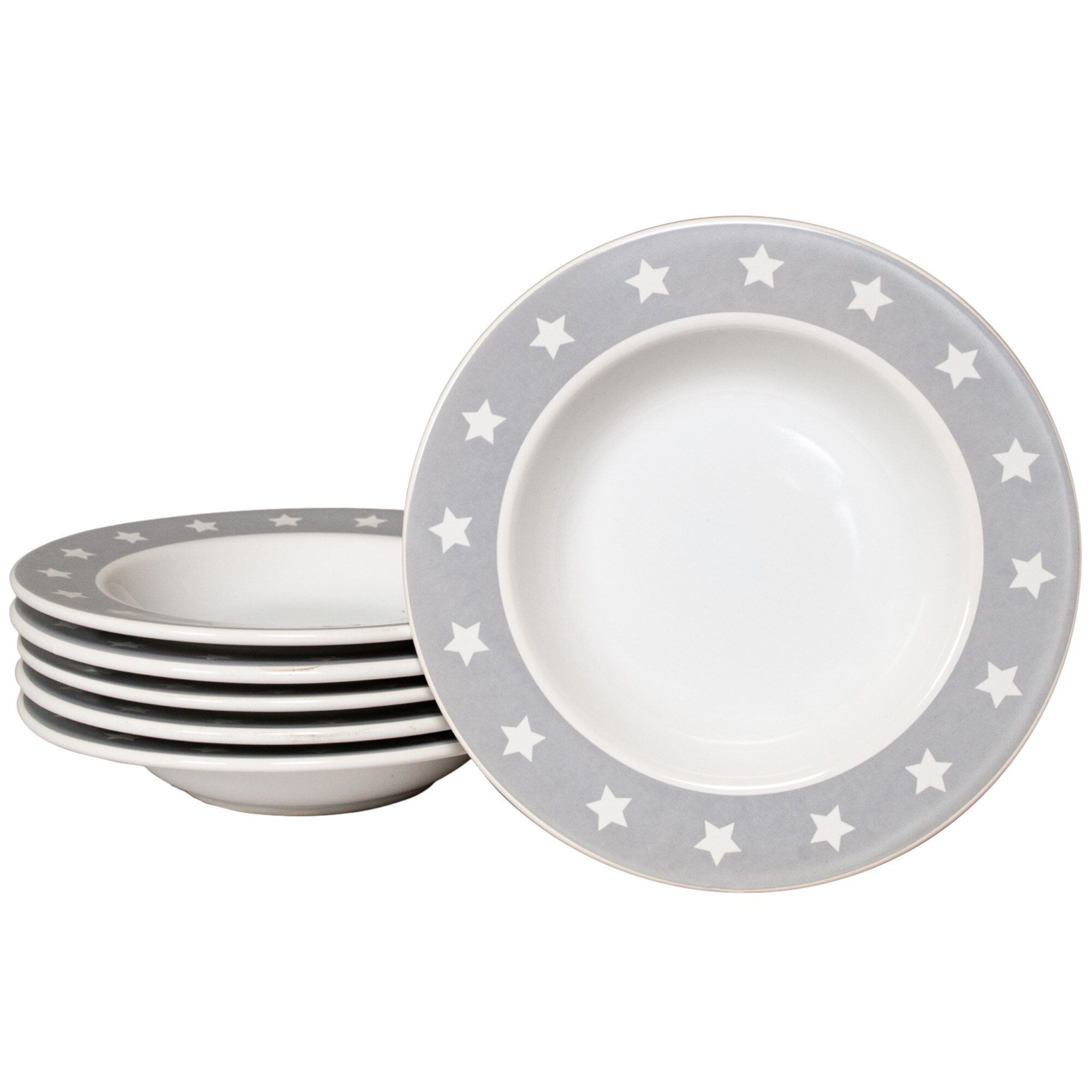 Set 6 farfurii adanci, Cesiro, ∅ 22 cm, Alb Arctic cu Decor Banda Gri cu Stelute