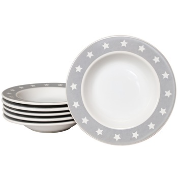 Set 6 farfurii adanci, Cesiro, ∅ 22 cm, Alb Arctic cu Decor Banda Gri cu Stelute Set 6 farfurii adanci, Cesiro, ∅ 22 cm, Alb Arctic cu Decor Banda Gri cu Stelute