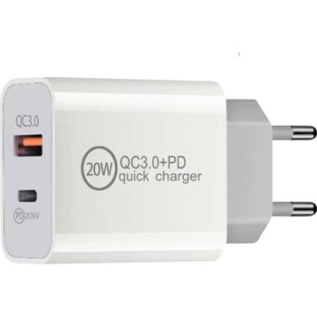 Incarcator retea Lemontti, PD Type-C + USB Quick Charge 20W, output USB + Type-C 3.4A max, QC3.0, White Incarcator retea Lemontti, PD Type-C + USB Quick Charge 20W, output USB + Type-C 3.4A max, QC3.0, White
