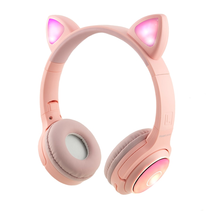 PowerLocus Bluetooth fejhallgató Jenny, vezeték nélküli fül köré illeszkedő összehajtható, micro SD, Beépített Mikrofon, villogó LED-ek (Rózsaszín)