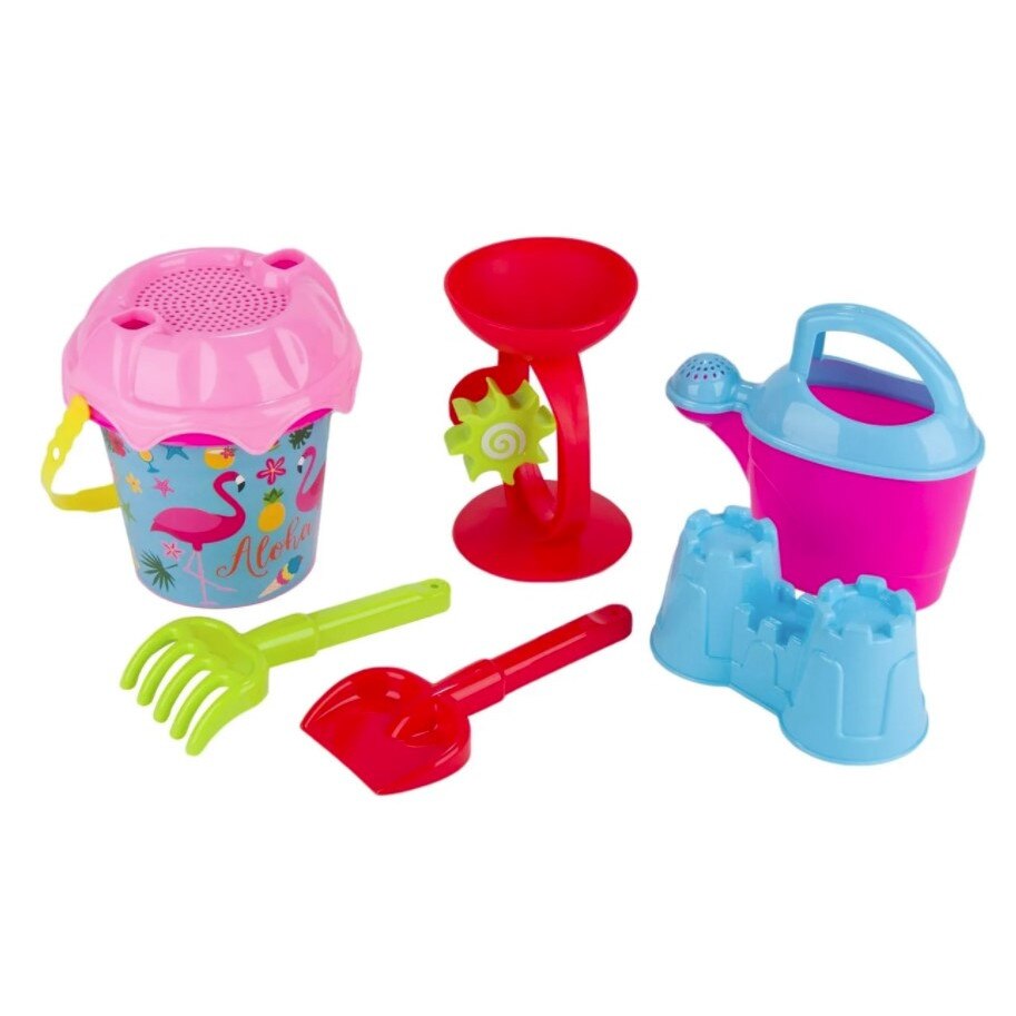 Set jucarii nisip, Zola, galeata flamingo cu 5 accesorii, geanta depozitare