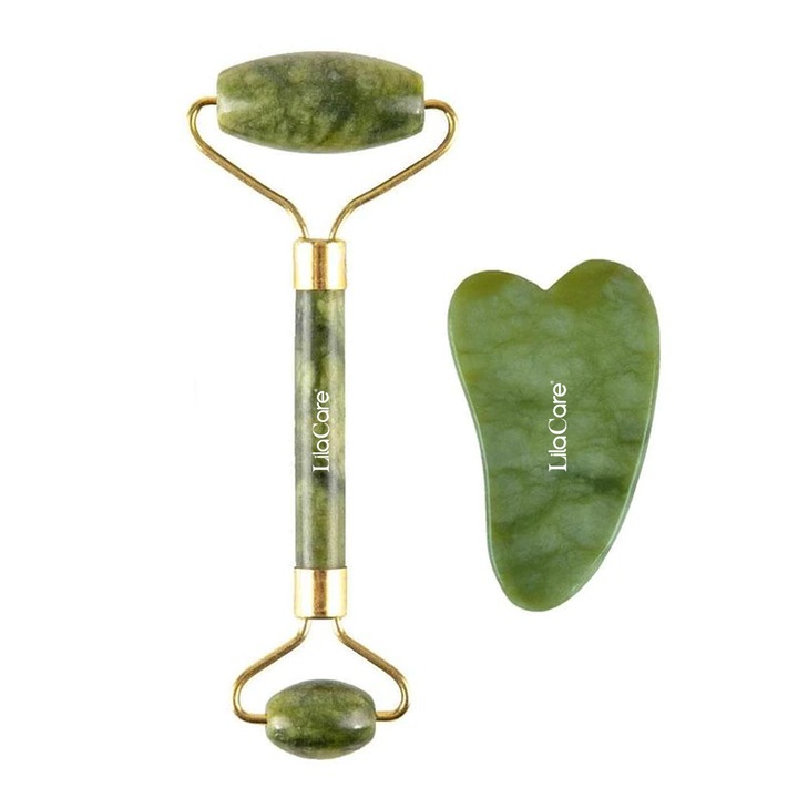 Нефритен ролер и камък Gua Sha, Lila Care, за масаж на лице и тяло, зелен