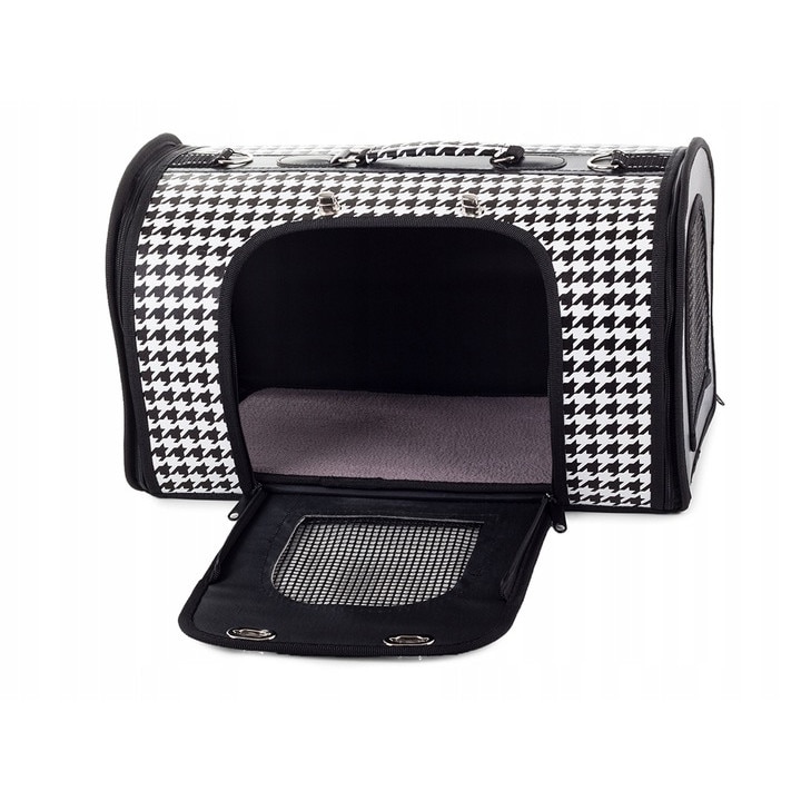 Geanta de transport caini sau pisici, Zola®, baza rezistenta, plasa de aerisire, 49x29x32 cm, model abstract negru cu alb