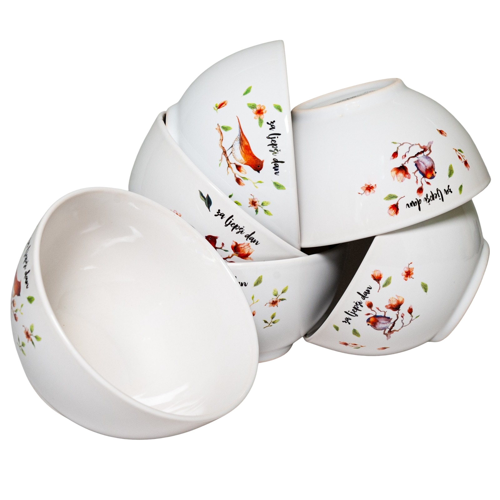 Set 6 boluri cu design modern, Cesiro, 650 ml, Alb Artic cu Decor Turturica