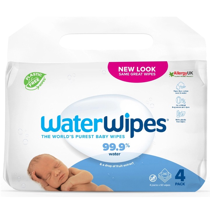 Мокри кърпички Water Wipes, 4 пакета x 60 броя, 240 броя