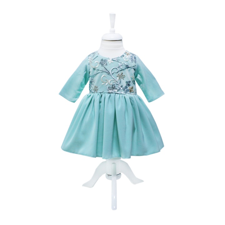 Rochita eleganta pentru botez cu dantela aplicata, verde menta, REC1623, 6-9 luni