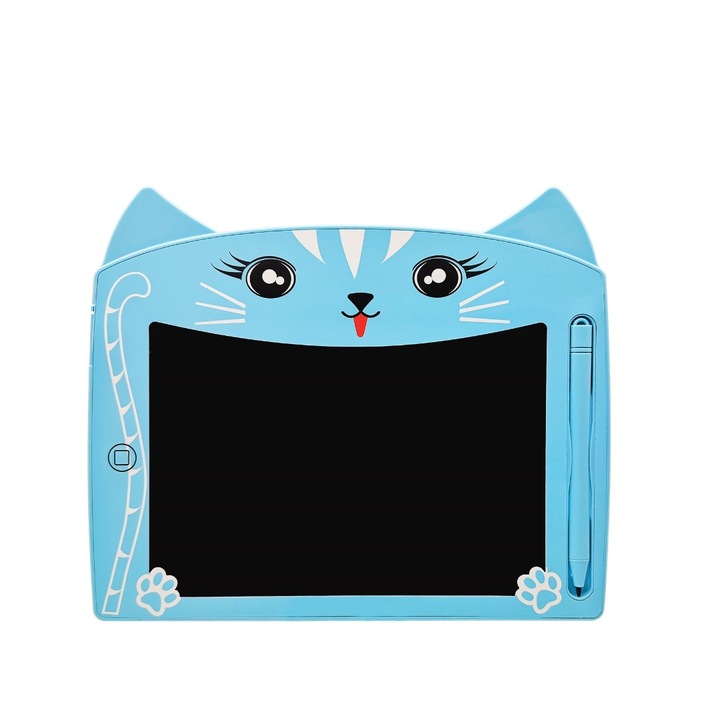 Tableta digitala WAMA pentru copii, grafica, pentru scris si desenat, ecran LCD flexibil, 171*123mm, baterie incorporata pentru stergere, urechi de pisica, albastra