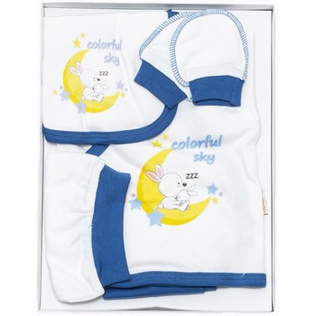 Set cadou 5 Piese pentru Nou nascuti din Bumbac organic, Imprimeu Iepuras, BALENO AKU BABY, 1-3 luni, Alb/Albastru AK7424 Set cadou 5 Piese pentru Nou nascuti din Bumbac organic, Imprimeu Iepuras, BALENO AKU BABY, 1-3 luni, Alb/Albastru AK7424